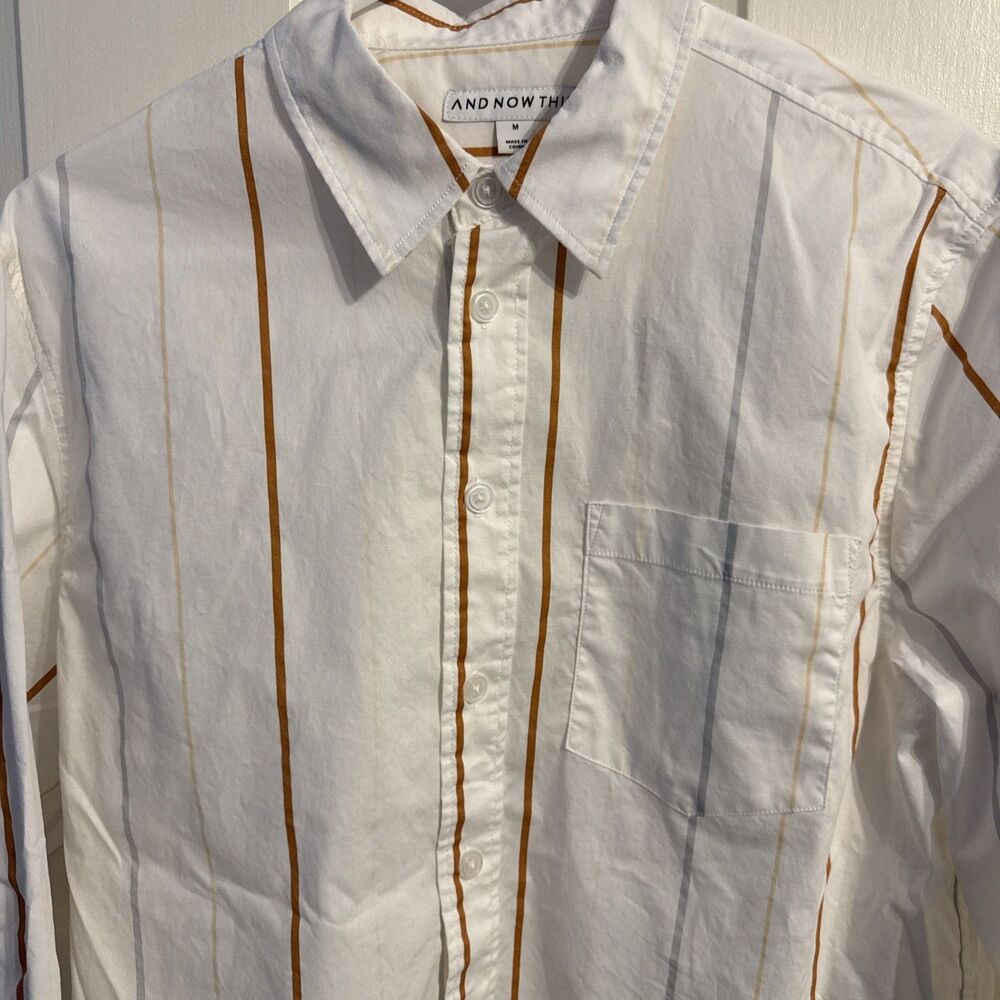 AND NOW THIS STRIPED OFF WHITE CREAM STRETCH BUTTON FRONT SHIRT MENS MEDIUM